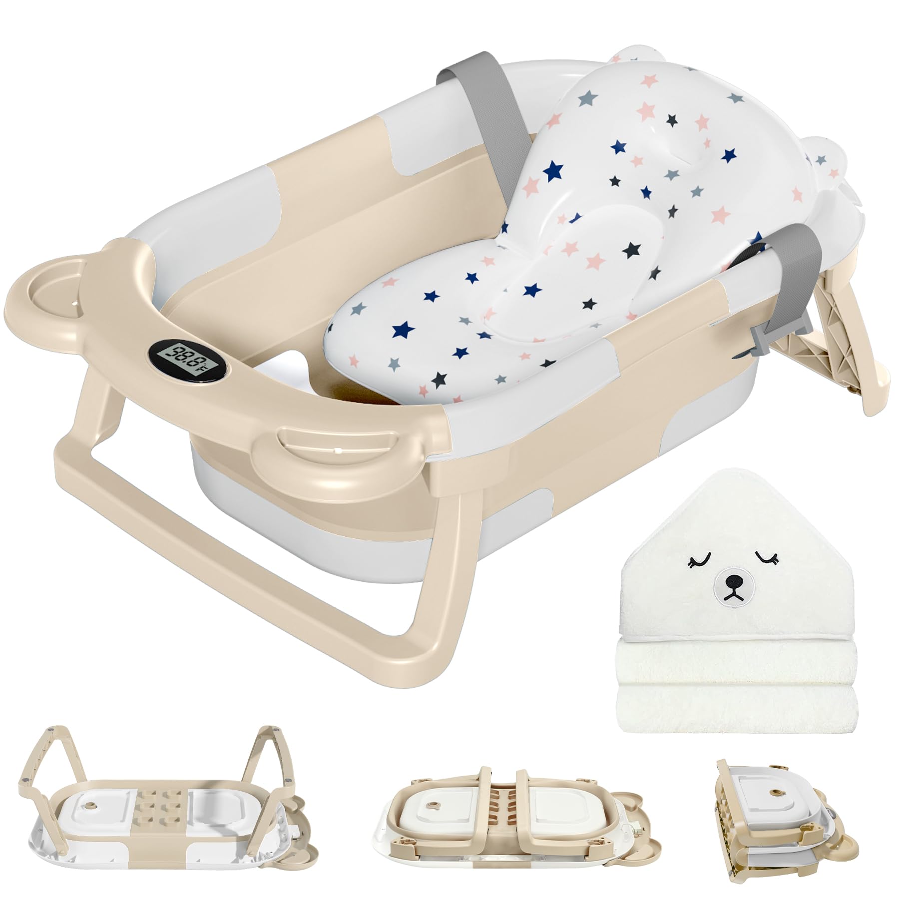 Photo 1 of MoreFeel Collapsible Baby Bathtub for Newborn with Thermometer & 1 Hooded Towel & 1 Soft Floating Cushion,Portable Travel Bathtub with Drain Hole, Durable Foldable Baby Tubs for Infants to Toddler