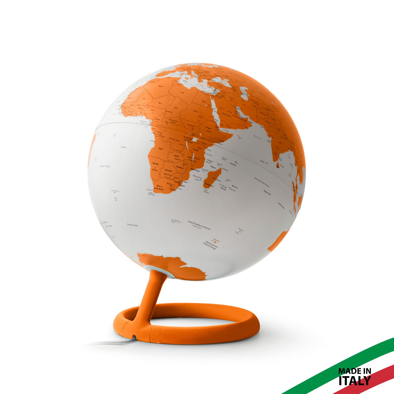 Tecnodidattica Atmosphere Evolve Velvet Corniola - Mappamondo dal Design Scandinavo con lampada a colori, Cartografia Politica in lingua inglese, Diametro 30 cm e Made in Italy