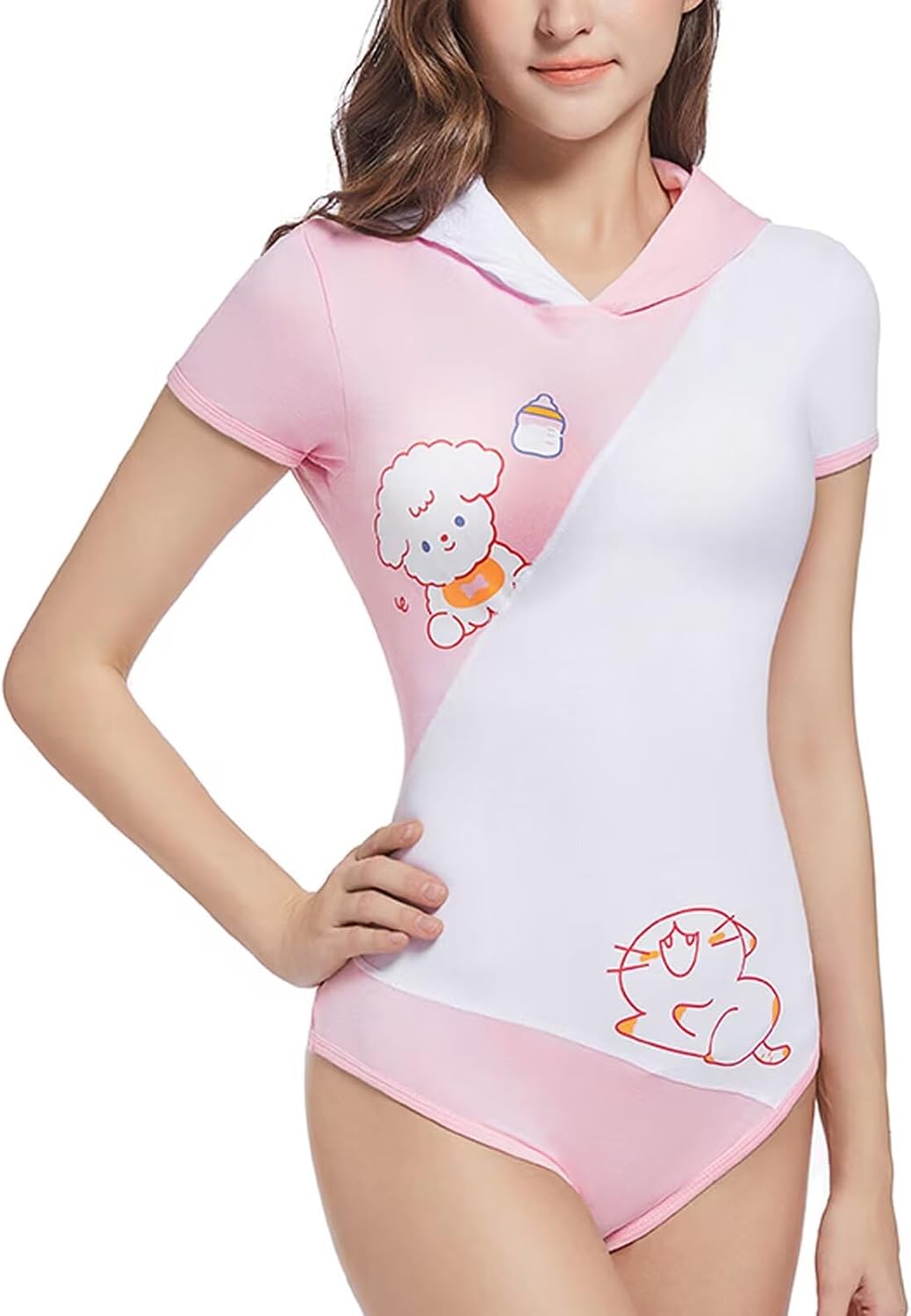 Landofgenie Women's Onesie Cotton Bodysuit Cute Cosplay Jumpsuit Short Sleeve Hooded Romper Pajama - Uta