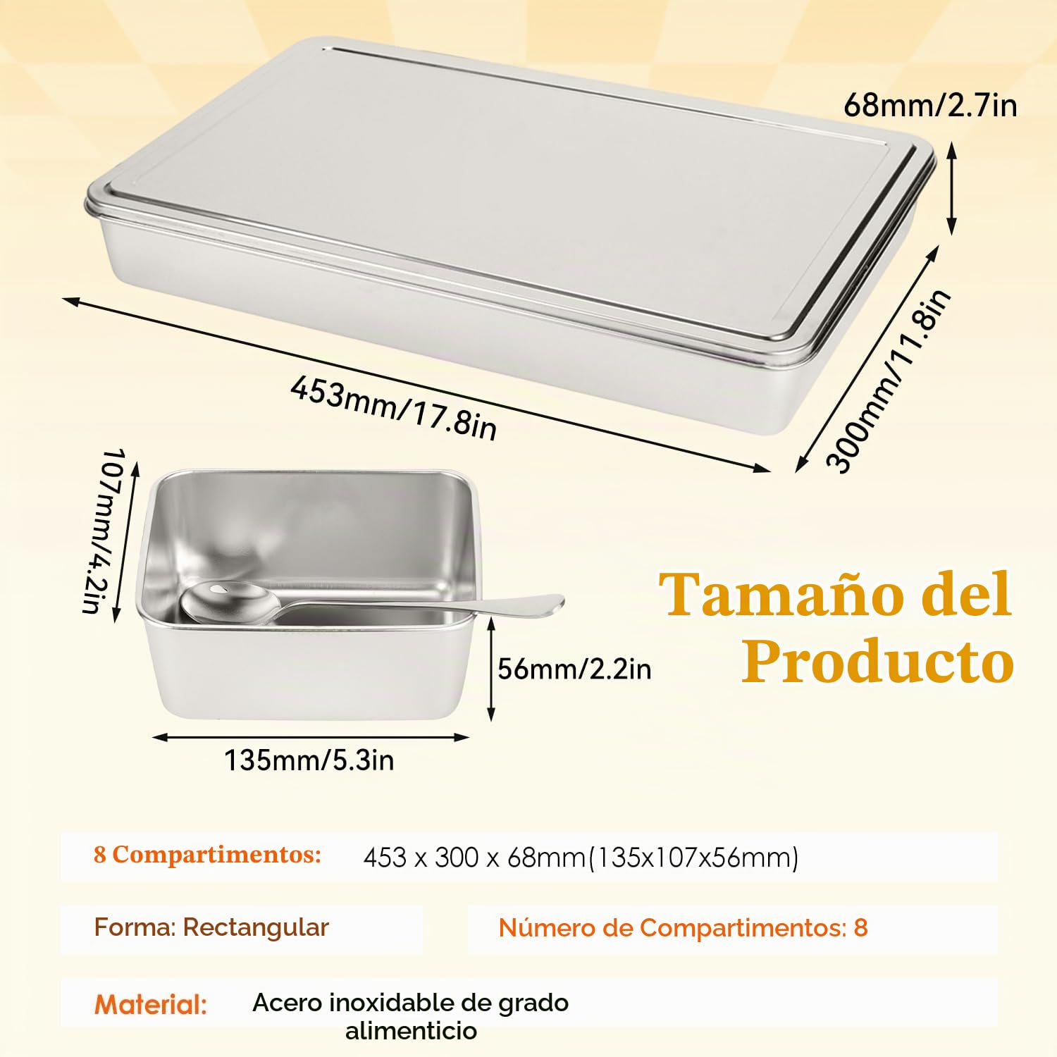 Caja de Condimento de Acero Inoxidable, Servidor de Condimentos de Compartimentos con Alimentos de Tapa para Servir Contenedor de Contenedores para Servir A Gran Capacidad Almace (8 Casillas)