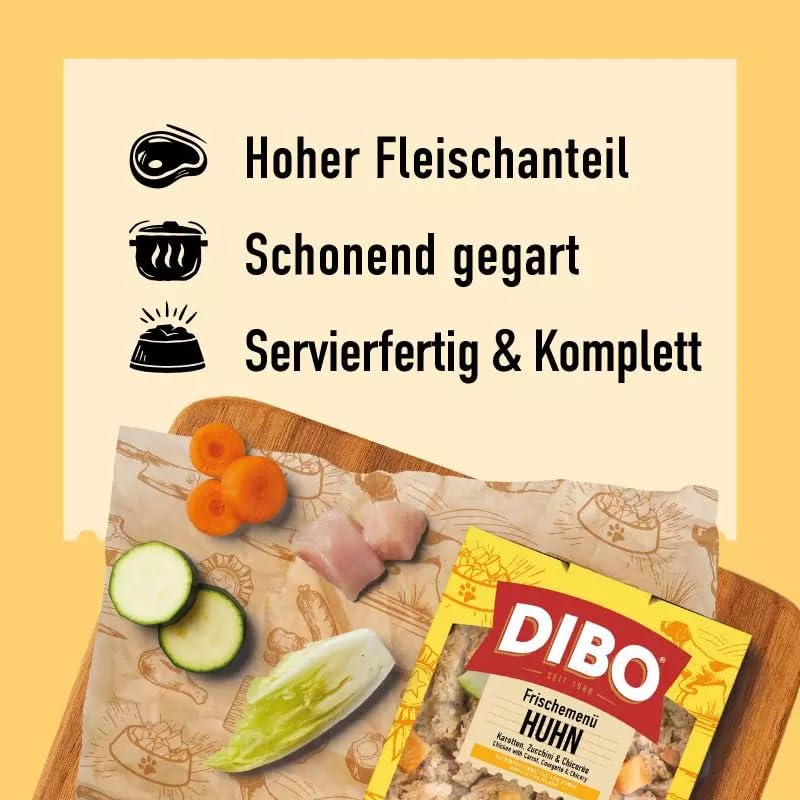 DIBO Frischemenü Huhn 8kg (20 x 400g) – Tiefgekühltes Barf Komplettmenü mit Hähnchenfleisch, Gemüse & essentielle Nährstoffe – Sous‑Vide gegart - leicht verdaulich für Sensible Hunde