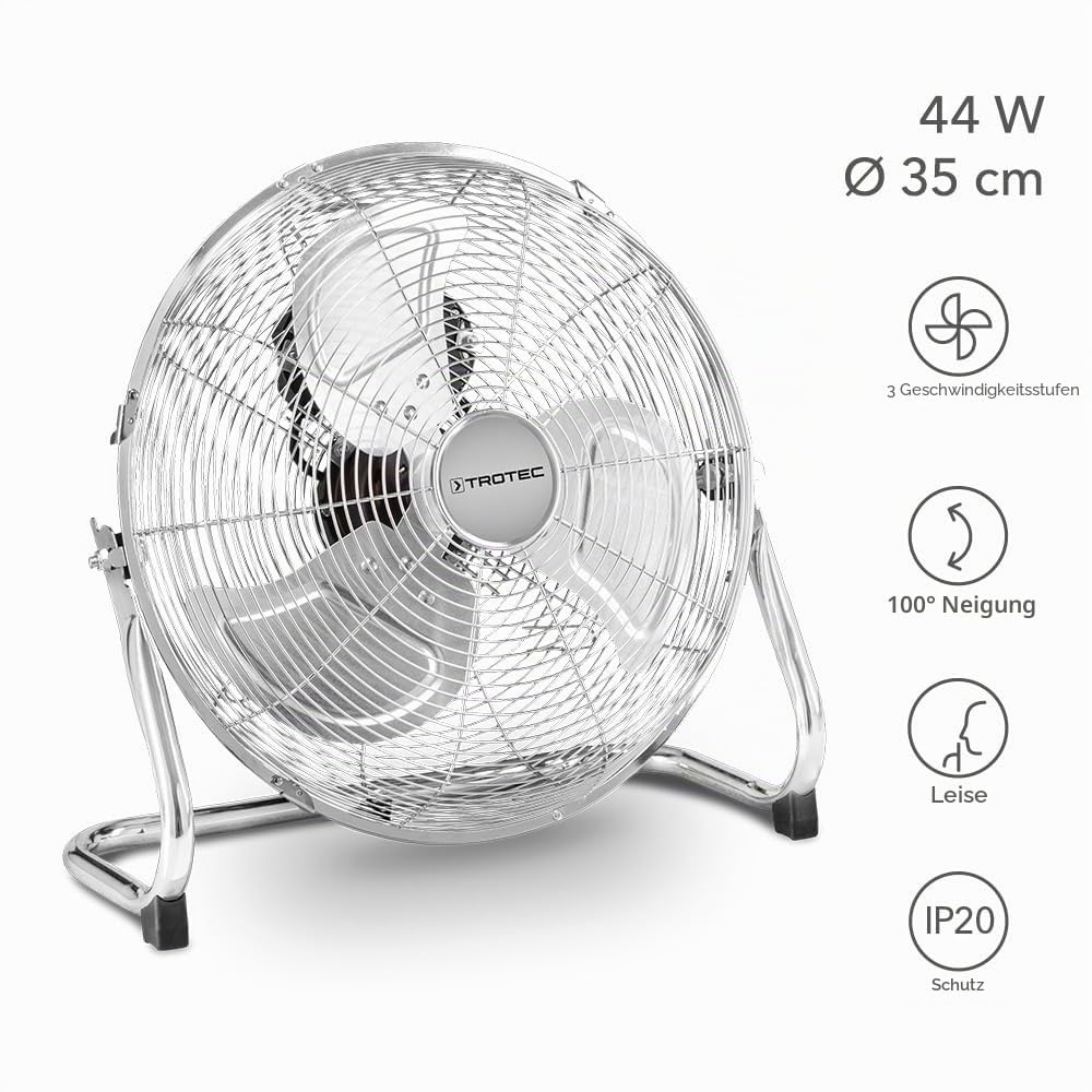 TROTEC Bodenventilator TVM 14 – 44 Watt, Neigungswinkel 100°, 3 Stufen, Ø 35 cm, kippfester Stand, leise, Silber