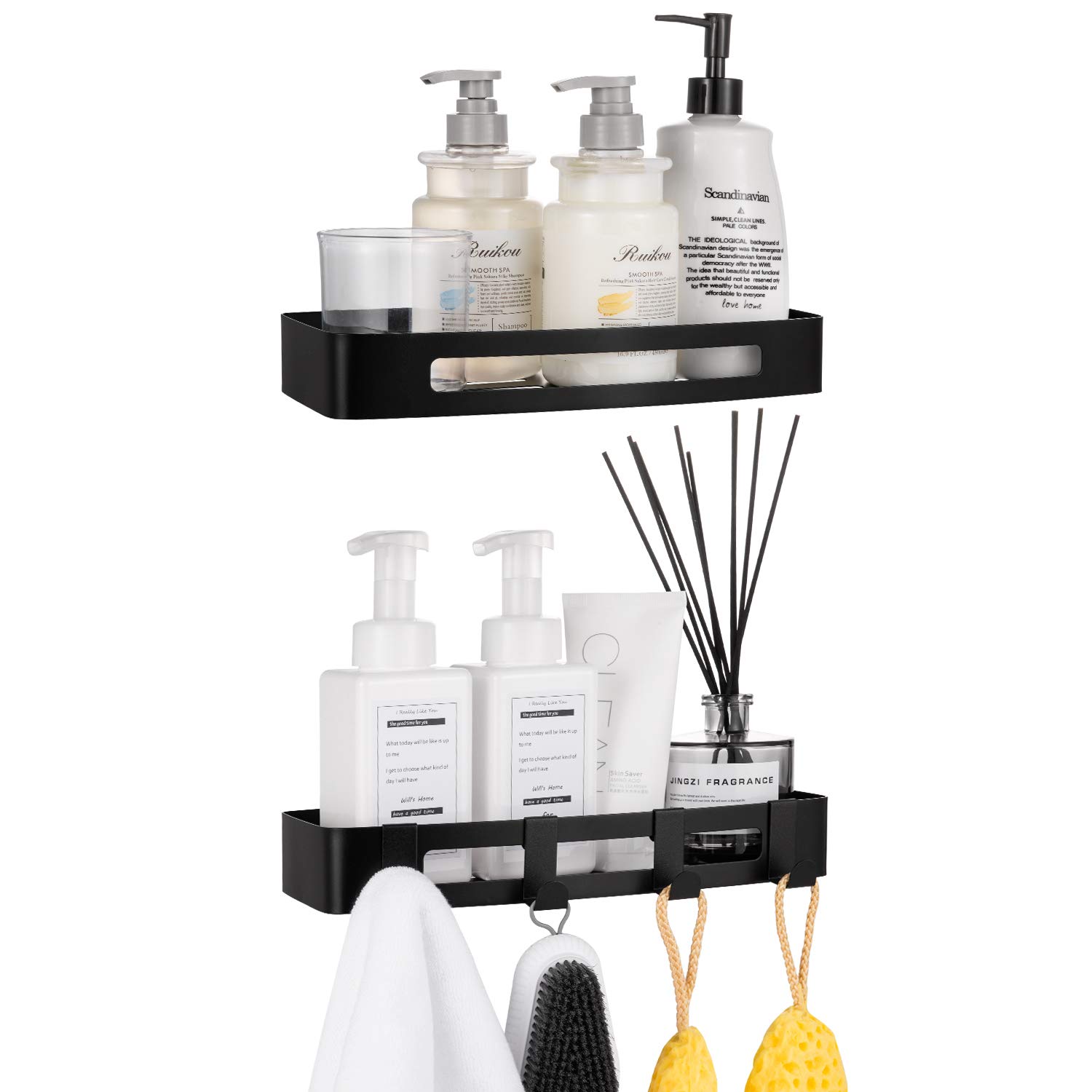 APL Display Corner Shower Caddy 2 Pack Bathroom Corner Shelf Wall Mounted Bathroom Shelf with Hooks Storage Rack For Toilet, Shampoo And Kitchen, Stainless Steel(Black)