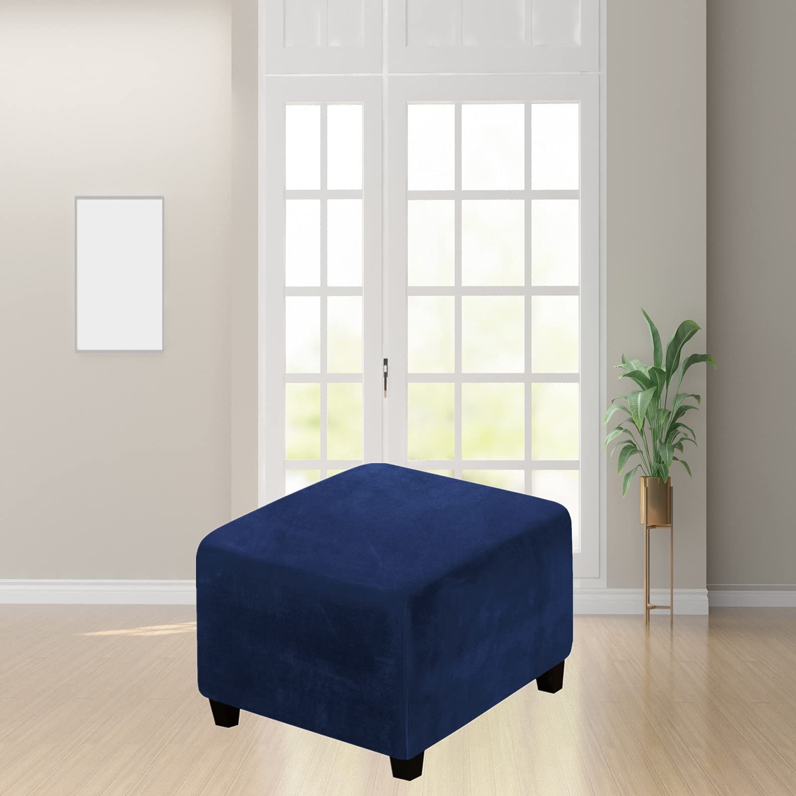 n Soft Velvet Plush Stretch Ottoman Slipcover High Stretch Velvet Foot Stool Protector Covers for Living Room with Elastic Bottom for Footrest Ottoman (Navy)