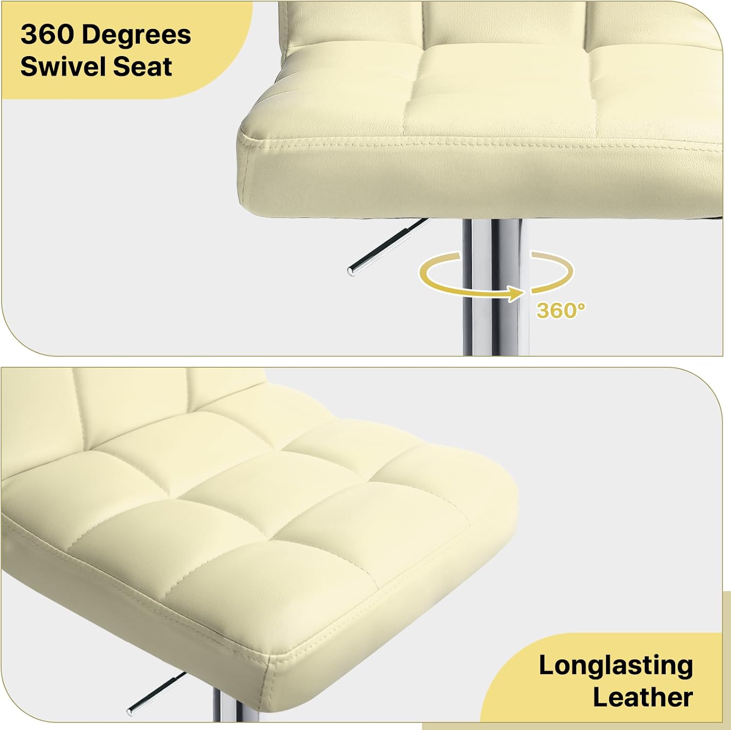 Athena Collection Bar Stools Set of 2, Adjustable Counter Height Barstools Modern Leather Bar Stools 360° Swivel Chairs with Back & Footrest for Kitchen Island, Beige