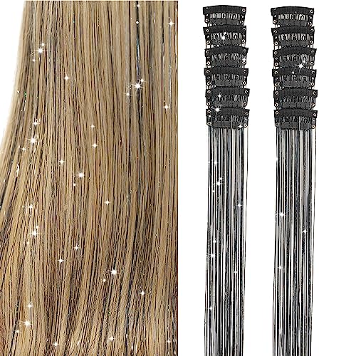 Clip in Hair Tinsel, Pack of 12 Pcs 20 Inch,Glitter Tinsel Hair Extensions, Festival Tinsel Fairy Hair Extension Party Dazzle Hair Accessories Strands Kit for Women Girls(12Pcs,Black#)