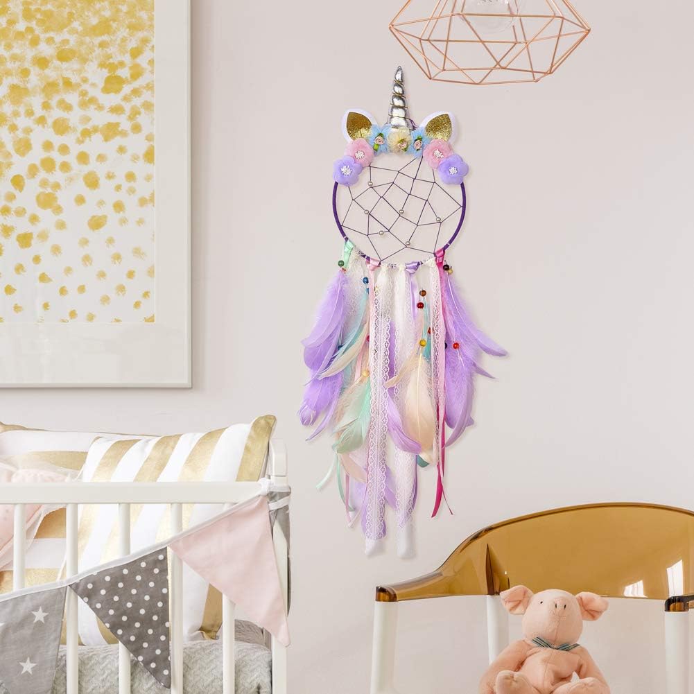 Basumee Unicorn Dream Catcher Wall Decor Cute Feather Dreamcatcher Wall Hanging for Bedrooms Party, Lavender