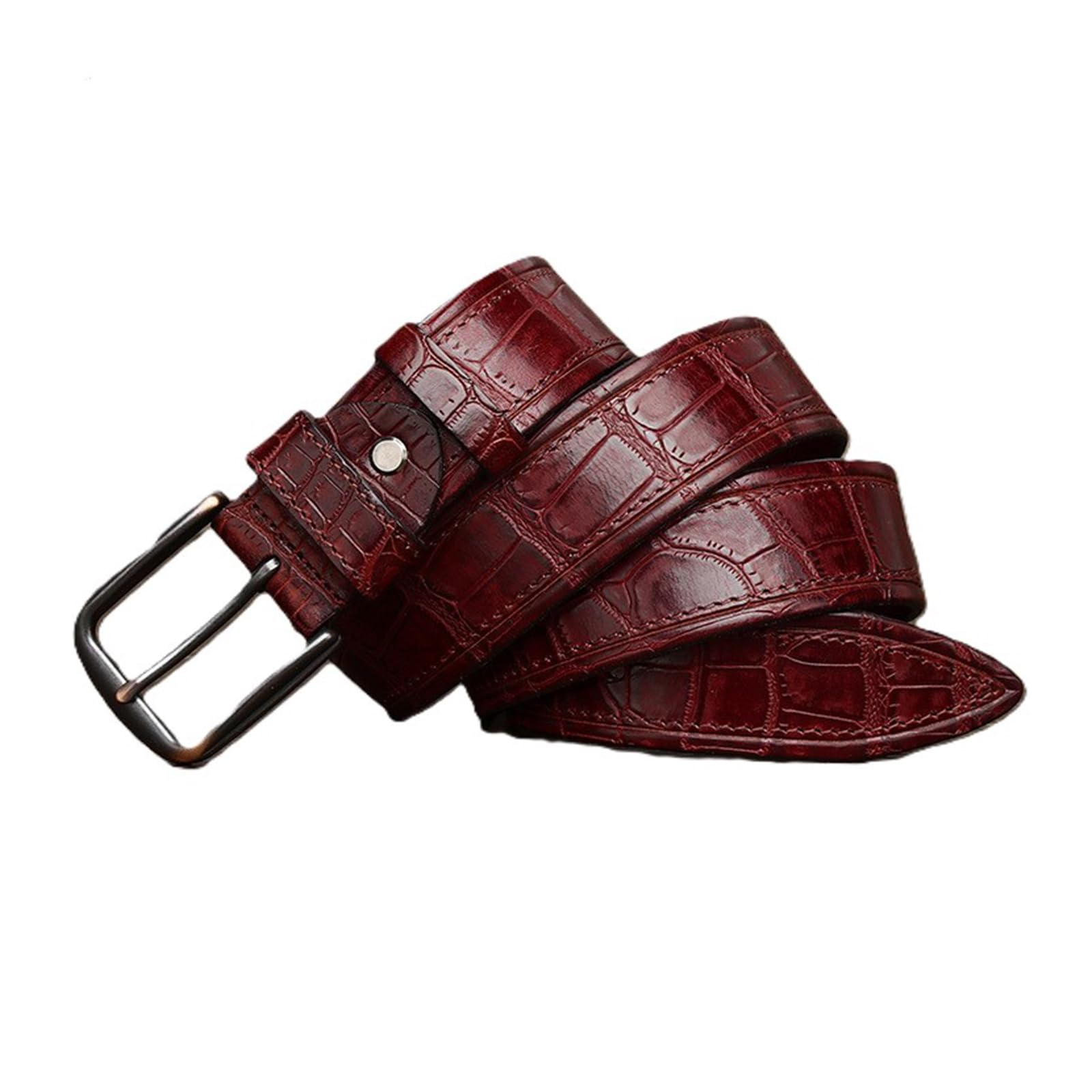 AGUTALITHIC Men's Women's Embossed Crocodile Pattern Cowhide Leather Hand Stitched Belt with Vintage Buckle 3.7cm Wide Strap(130cm/51, Red)