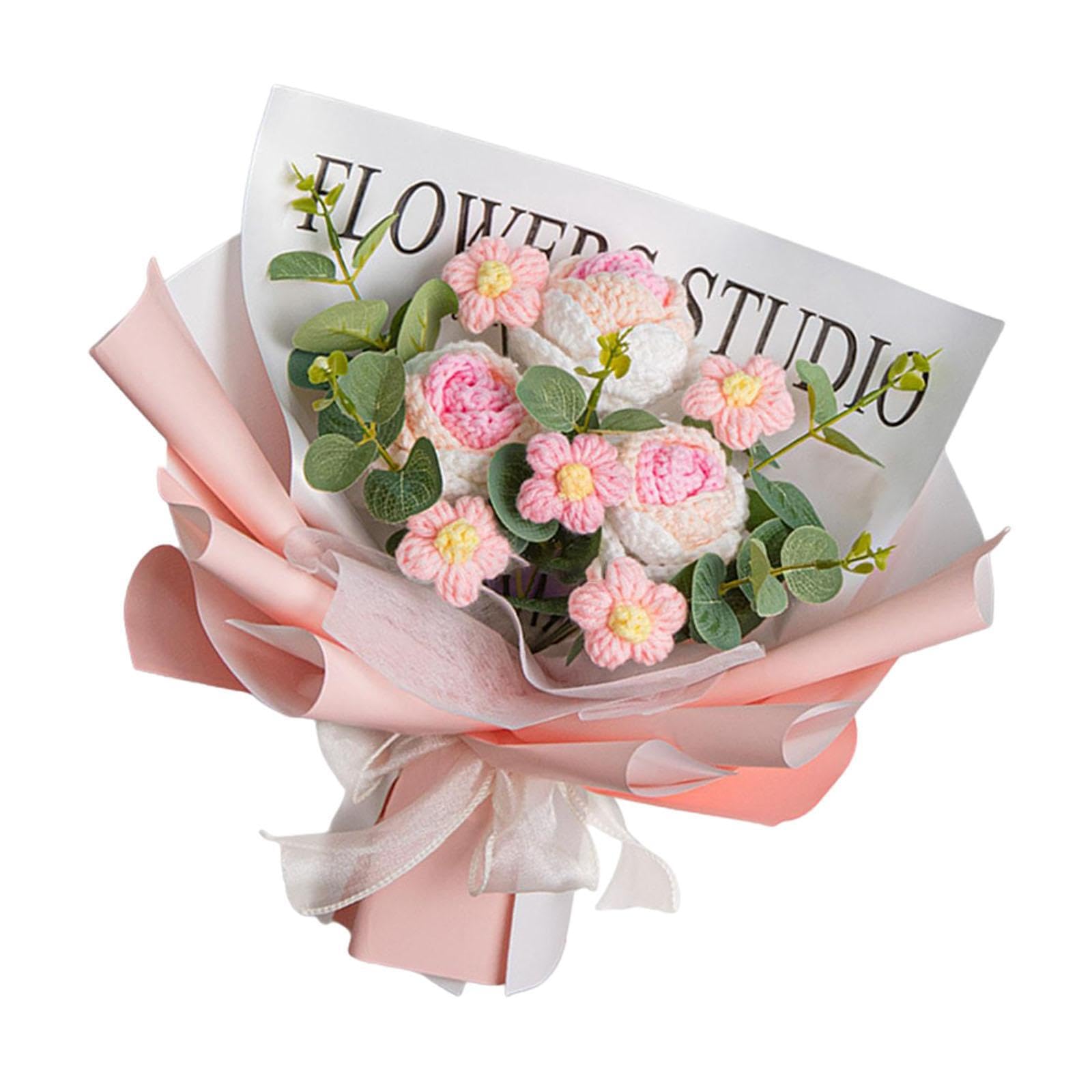Zambuph Table Centerpiece Wedding Party Unique Handmad Crochet Bouquet Beautiful Floral Decor For Any Celebratory Event Flower Arrangement Fake Bouquet Spring, Pink, 35x30cm
