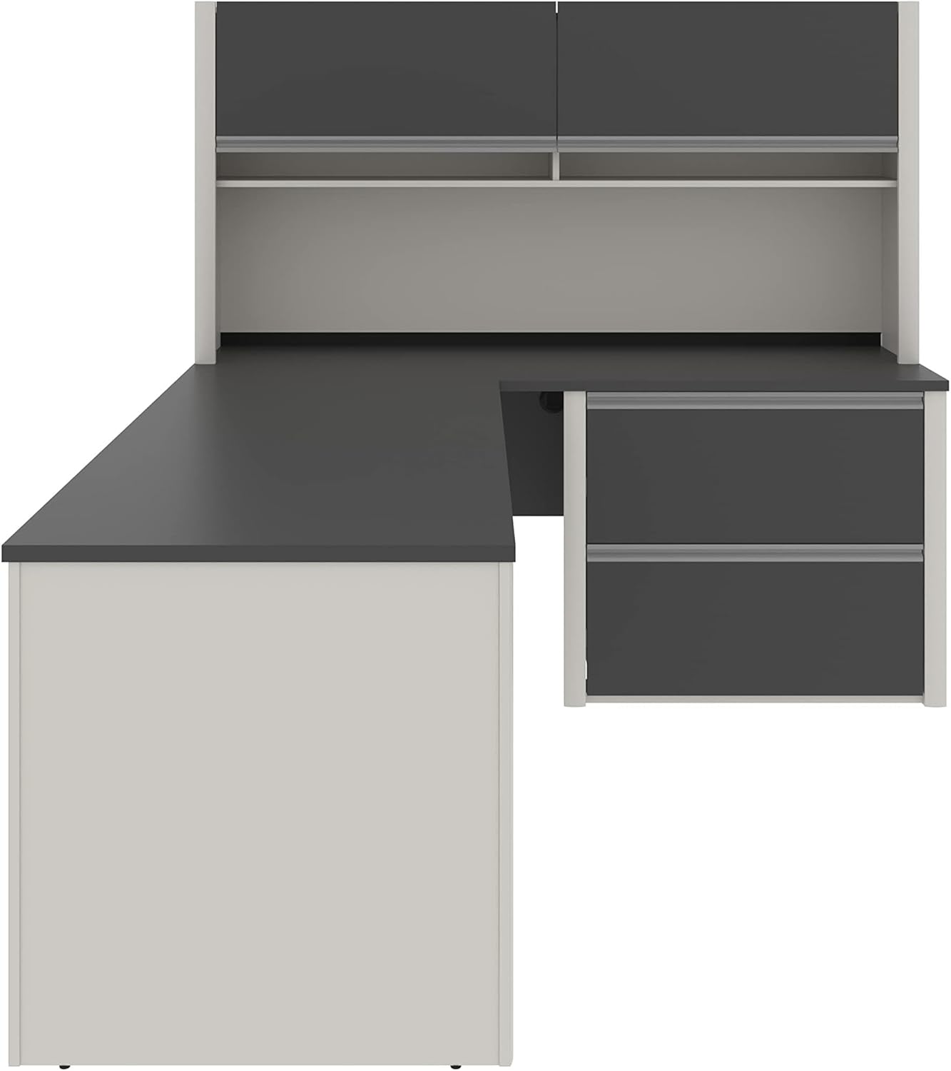 BOWERY HILL L-Shaped Office Desk Set, Sandstone and Slate Finish, Commercial-Grade Work Surface, Melamine Coating, Shock-Resistant Edges, Wire Management, Storage Drawers, Modern Office Furniture