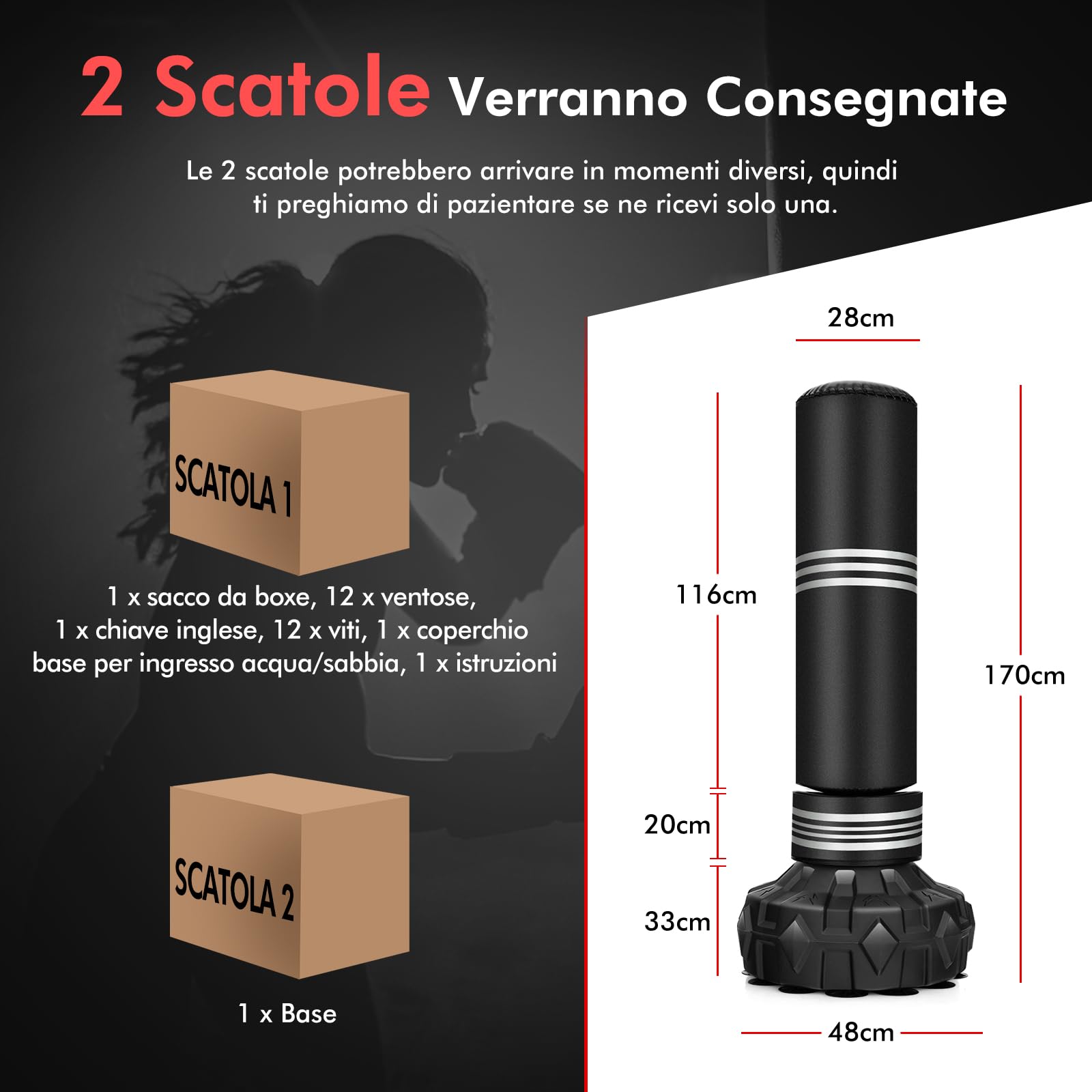 COSTWAY Sacco da Boxe da Terra Professionale con Area per Calci, Sacco Kick Boxing Autoportante con Base Riempibile da Sabbia e Acqua, 12 Ventose in Gomma e Struttura Multistrato