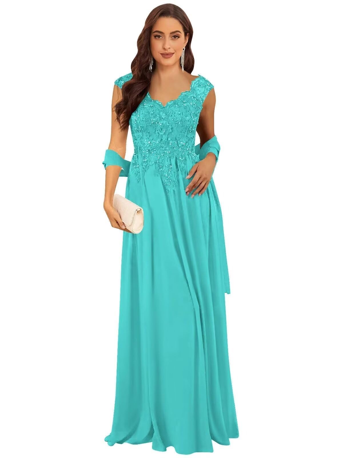 HUINI Damen Brautmutterkleider für Hochzeit Bodenlänge Chiffonkleid mit V-Ausschnitt und Pailletten Kleid Hochzeitsgast Damen Formell Abendkleider Elegant Für Hochzeit