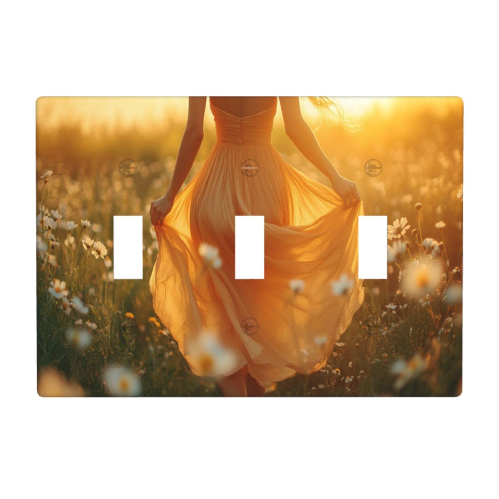Woshuwo White Young Woman Dancing In A Meadow Wildflowers Light Switch Covers 3 Gang Triple Toggle Wall Plate Switchplate Electrical Faceplate For Bathroom Kitchen Bedroom Decor