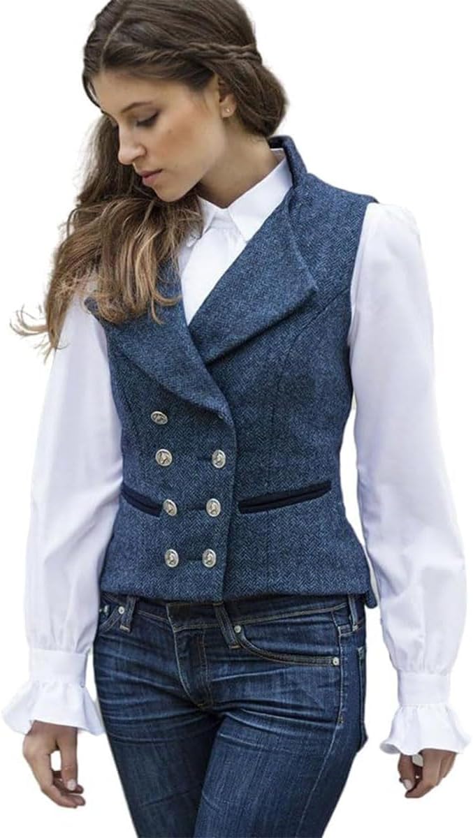 CAMDOM Women 50s Vintage Suit Vest Work Tweed Slim Fit Waistcoat V Neck Double Breasted Sleeveless Blazer Jacket with Pockets