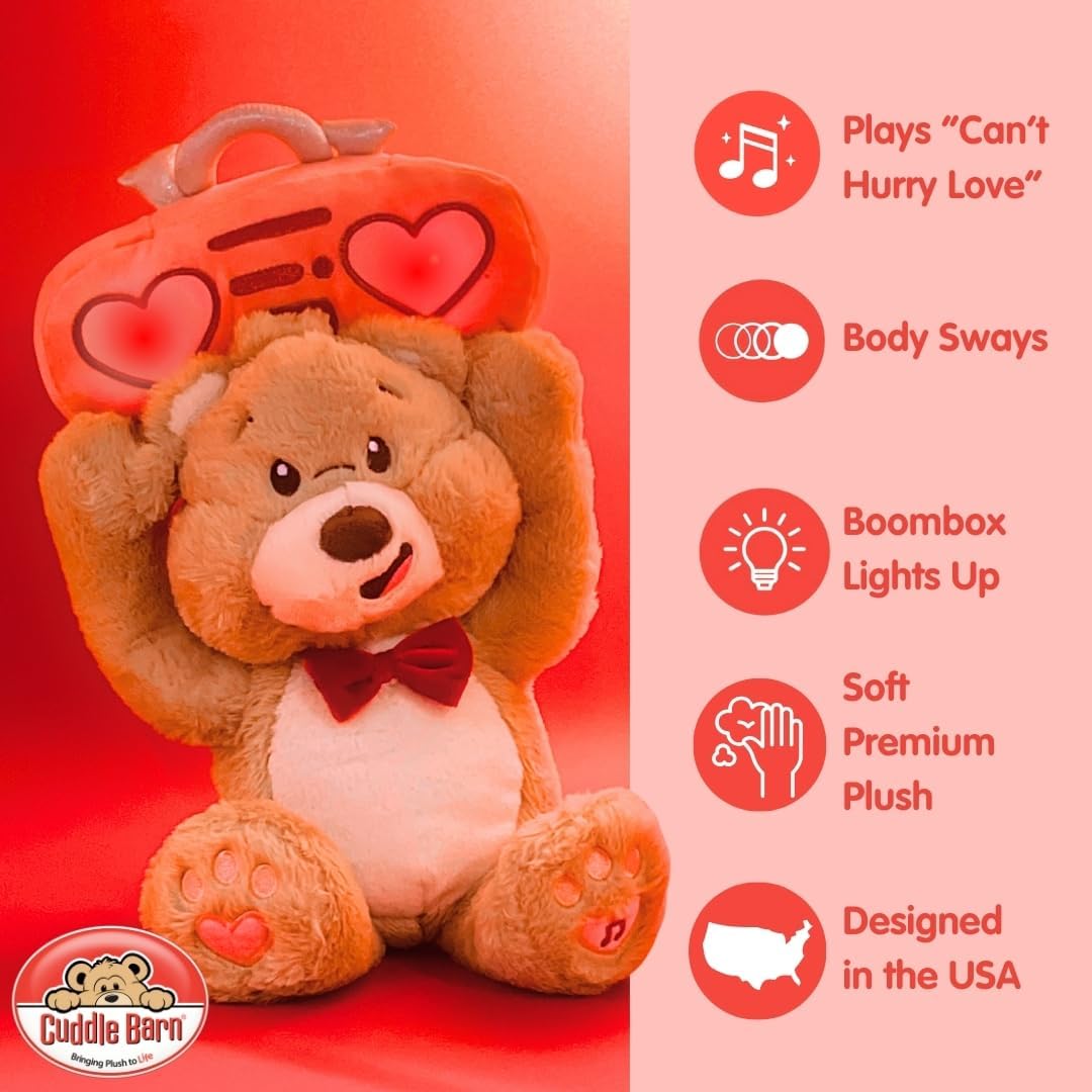 Valentines Toy Bear - Be Mine Beary | Animated Plush Teddy Dances to Song "You Can't Hurry Love" | Boombox Lights Up | Cute Romantic Valentine Stuffed Animal | Gift for Kids and Adults - 13 inches