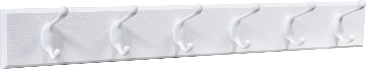 HIGH & MIGHTY 515750 Coat Rack 6 Hook Rail, Easy Tool-Free Dry Wall Installation, Holds up to 50lbs, 27", White & White