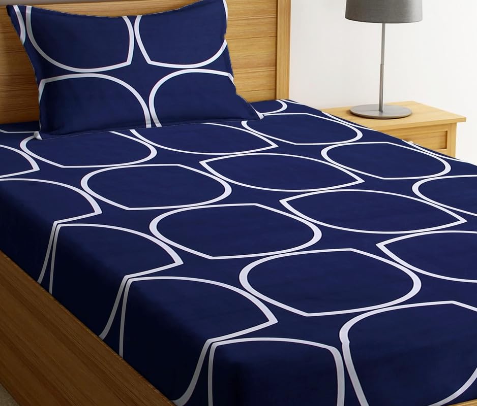 Image of Jashan Premium Glace Cotton 180 TC Flat Single Bedsheets for Summer Breathable | Wrinklefree (Size-60 X 90 Inch) with 1 Pillow Covers (Size-17 X 27 Inches, Dark Blue & White)