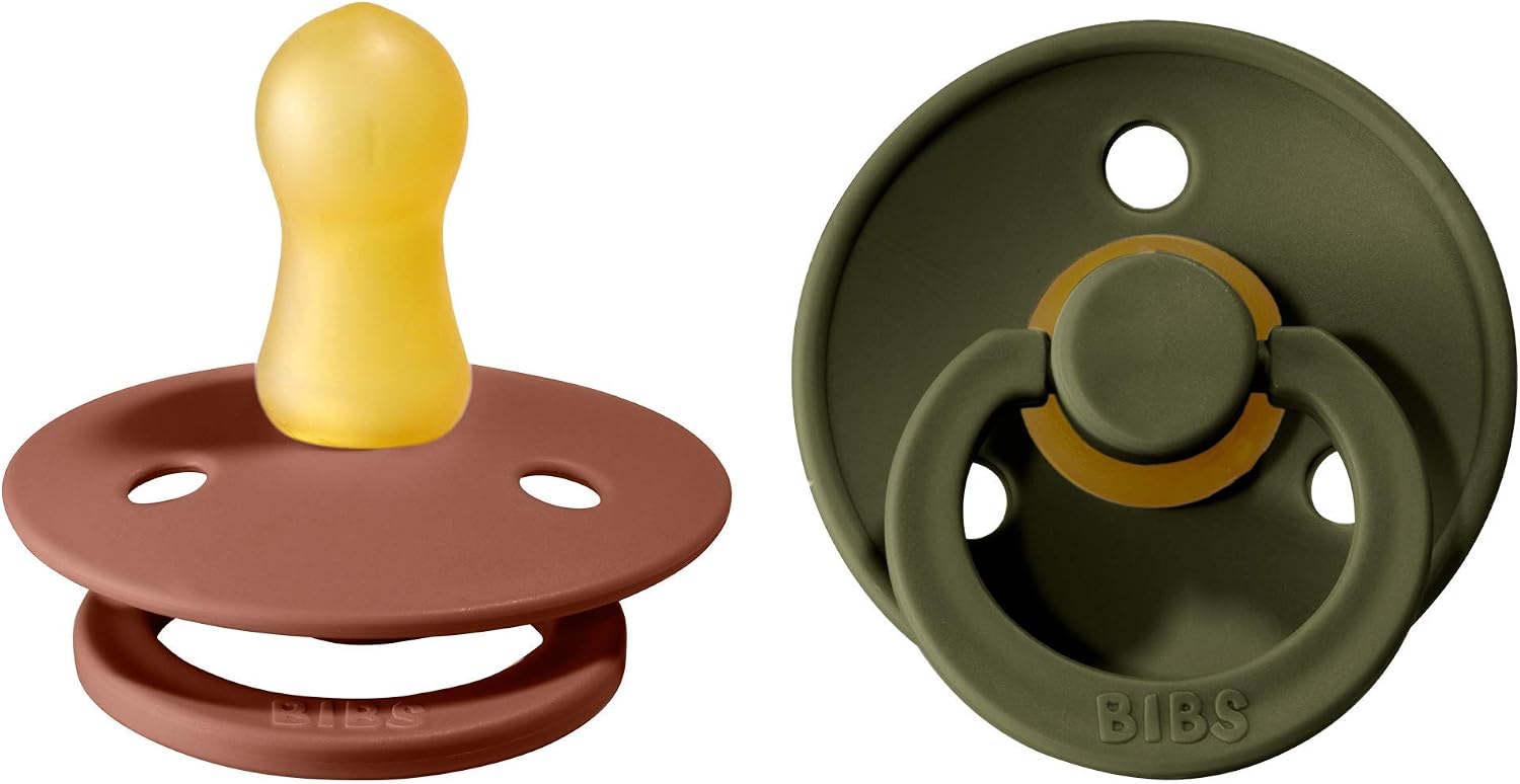 BIBS Colour Soother 2-Pack, BPA Free Dummy Pacifier, Round Nipple. Natural Rubber Latex, Size 1 (0-6 Months), Woodchuck/Hunter Green