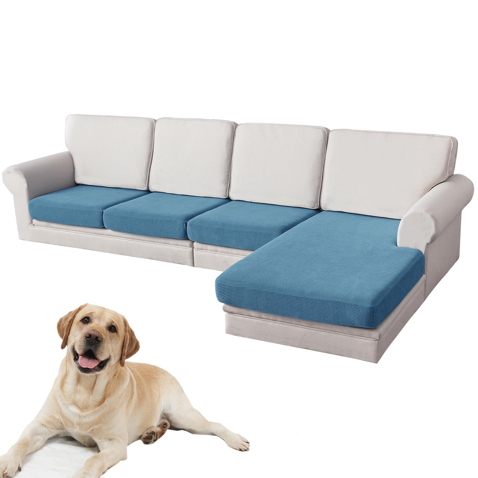 SYLC Set of Sofa Seat Cushion Cover Stretch, Sofa Cushion Cover Jacquard Couch Cushion Covers for Sectional Sofa L Shaped Non Slip Furniture Protector (Blue,3 Seats+1 Chaise)