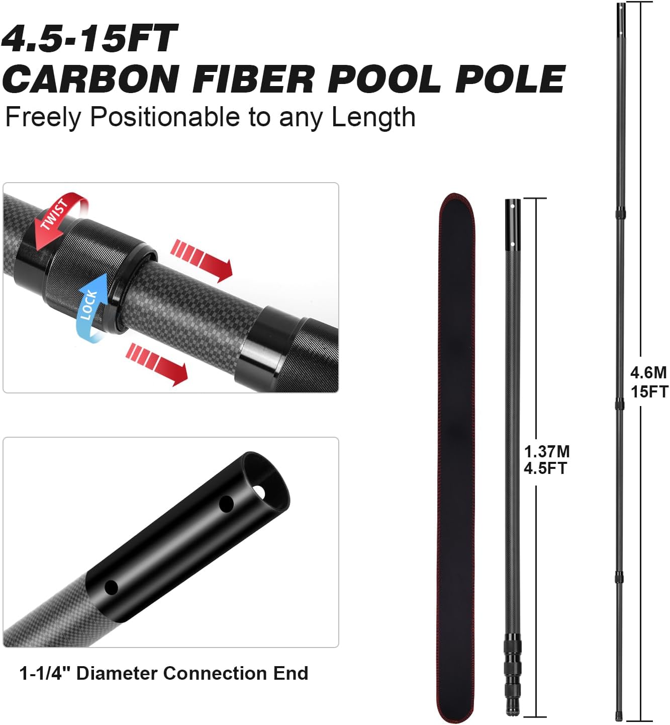Carbon Fiber Pool Pole - Professional 15 Foot Telescopic Pool Cleaning Pole, Pool Skimmer Net Pole, Telescoping Swimming Pool Poles Heavy Duty 15FT