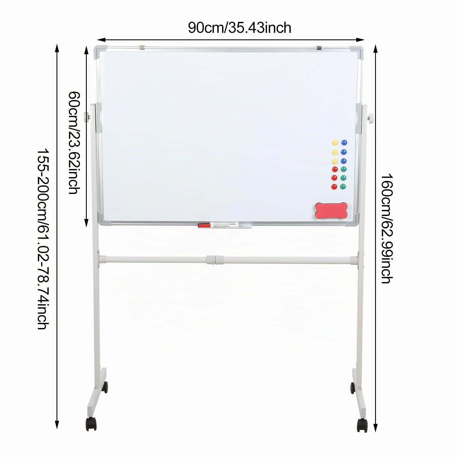 Tableau blanc mobile double face avec support, 91,4 x 61 cm, tableau blanc à roulettes effaçable à sec pour salle de classe, bureau, avec 5 marqueurs, 12 clous magnétiques et 1 gomme blanche