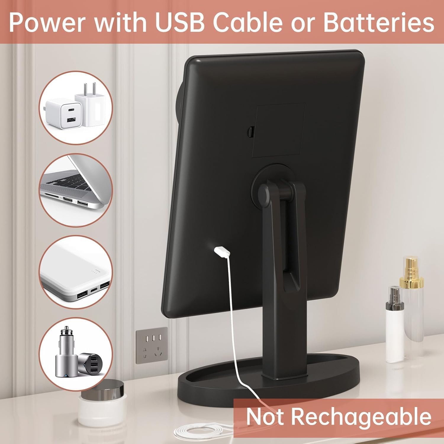 FUNTOUCH Large Lighted Makeup Mirror with Lights, 3 Color Lighting Modes Light Up Mirror with 88 LED, 10X Magnification and 360° Rotation Touch Screen Tabletop Cosmetic Vanity Make Up Mirror (Black) - Image 4