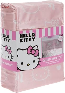 Hobby Lobby Hello Kitty Queen Sheet Set, Pink, White, Includes 1 Flat Sheet, 1 Fitted Sheet, 2 Pillowcases, Bows, Hearts, Strawberries