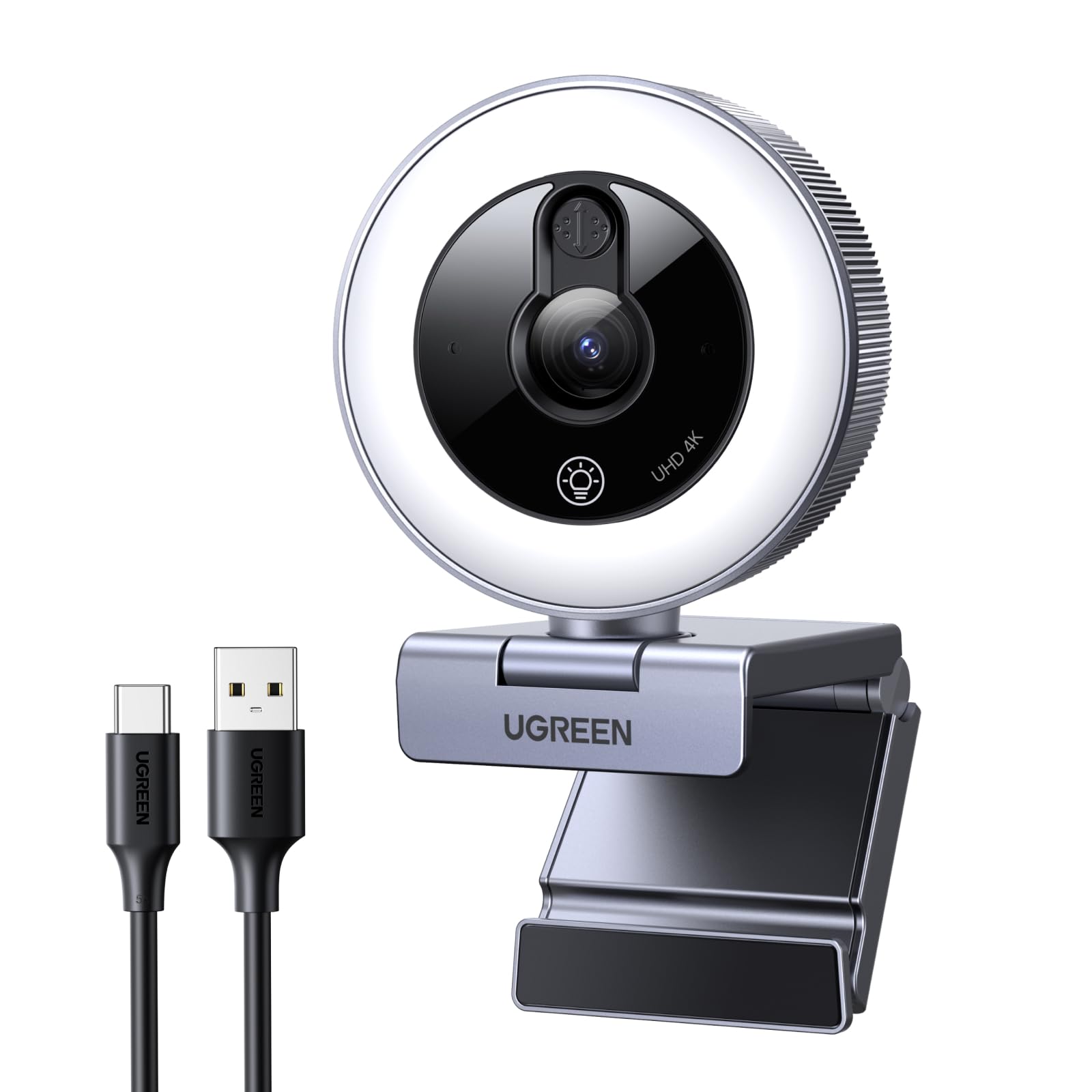 UGREEN 4K Webcam 30FPS Ultra HD Webcam Enfoque Automático Anillo de Luz LED