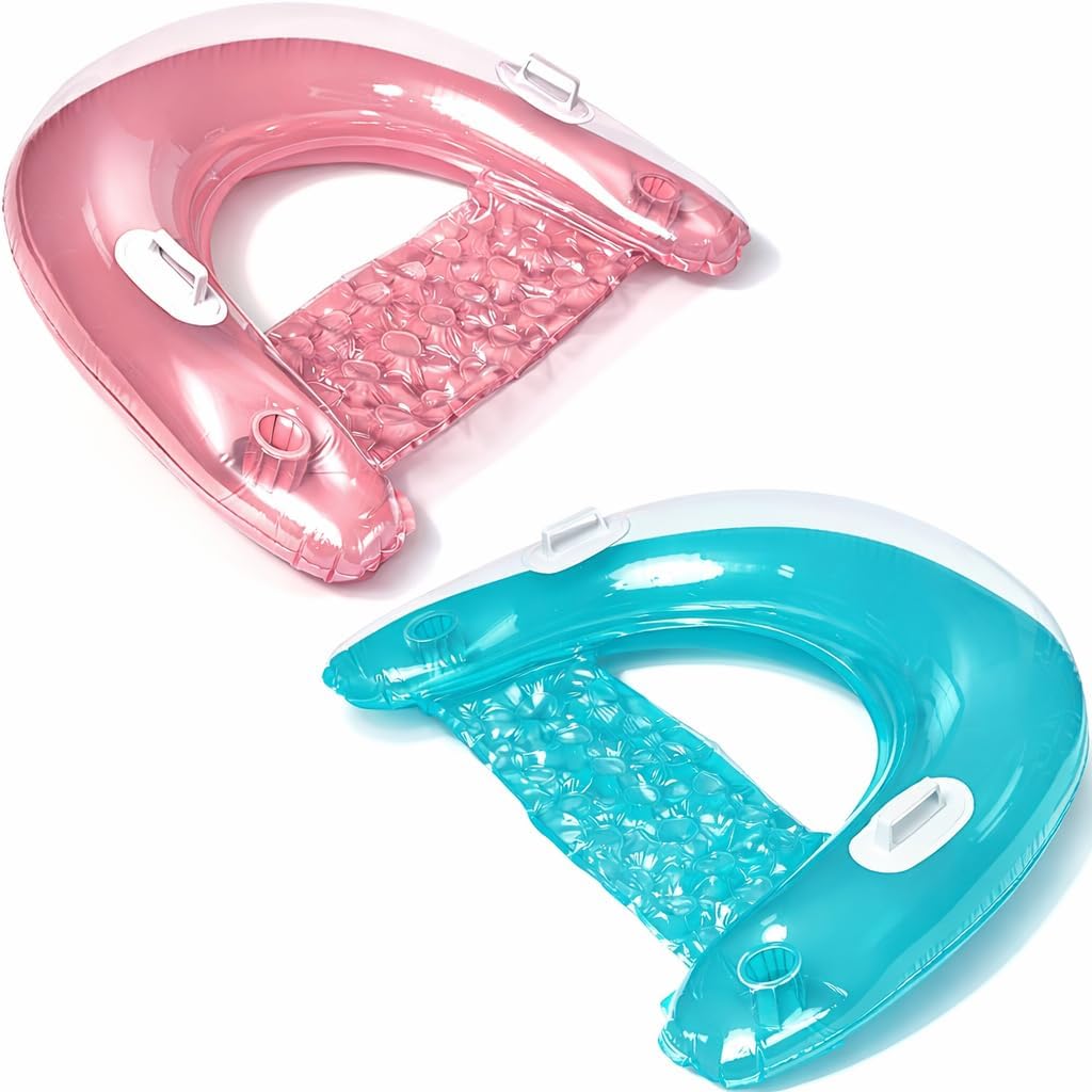 Inflatable Pool Chair Float (2 Pack) Pool Floats Adult Size with Drink & Phone Holder - Heavy Duty Lounger Floating Recliner Blow Up Floaties Hammock Noodle Water Floaty Lake Beach Tanning Float