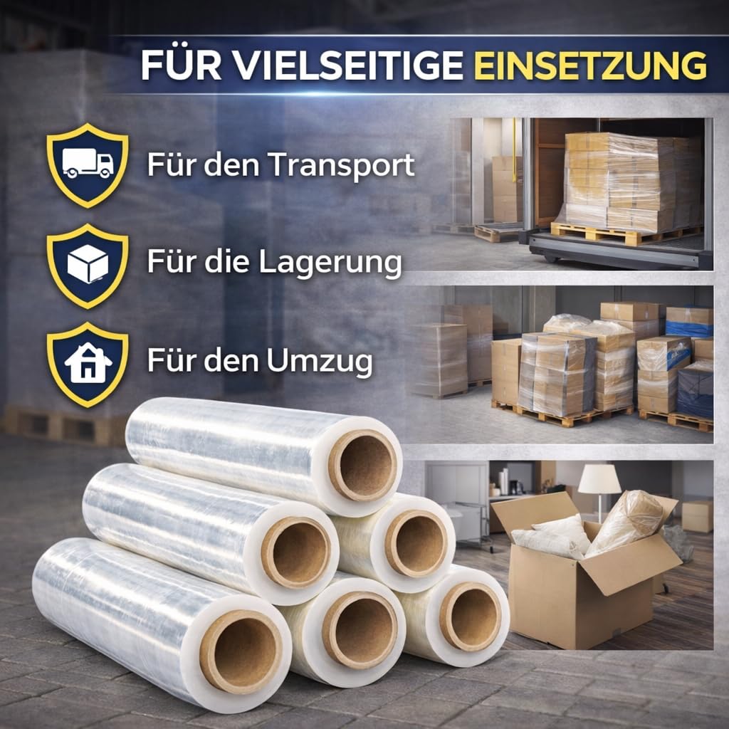 Stretchfolie Strechfolienrolle Transparent - 12 Rollen - 150 m/25cm - 23 µm - Handwickelfolie für Paletten & Versand - Folien Für Umzug - Wickelfolie - 150% Dehnbar - Umzugsfolie