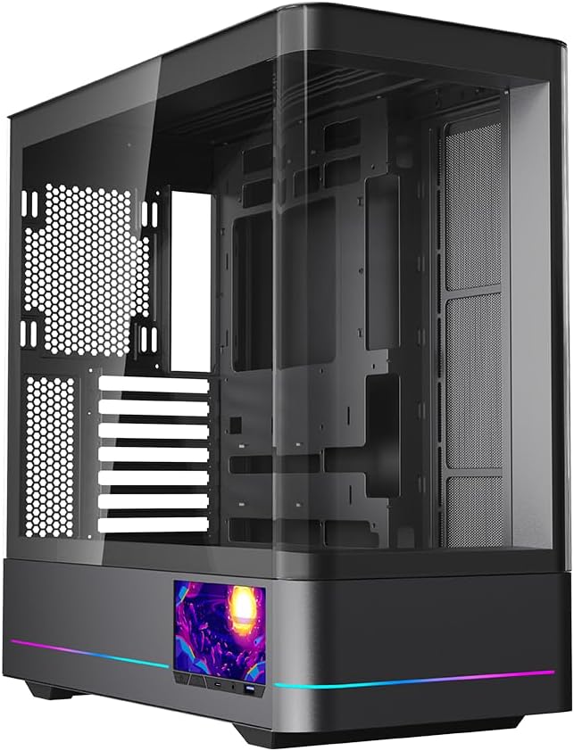 Jungle Leopard AC-02 Digital ATX PC Gaming Computer Case|5.5 Inch Integrated LCD Screen& App|Mid Tower Full View Dual Reinforced Glass Panel|Removable Side Panels|for Micro-ATX ITX (Black)
