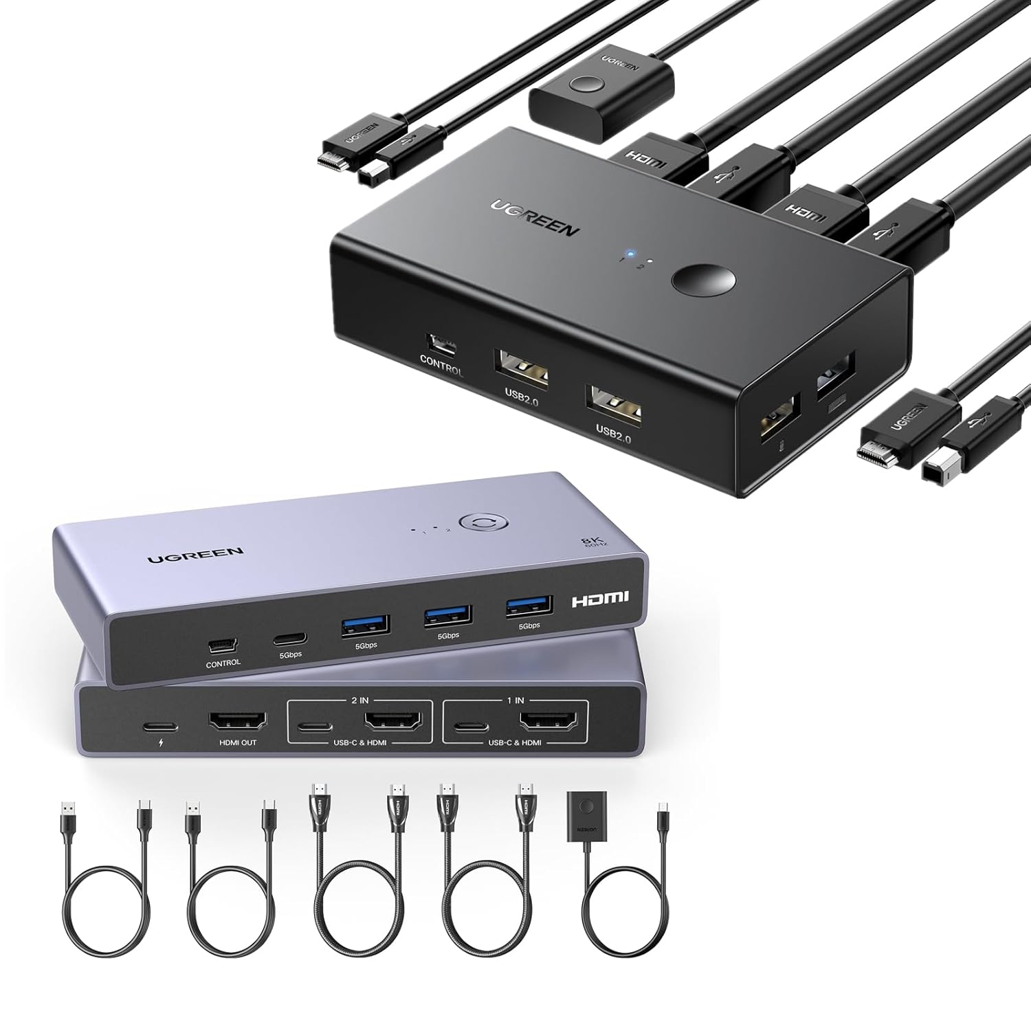 UGREEN KVM Switch 1 Monitor 2 Computers Share 4 USB Ports Bundle with 8K@60Hz HDMI KVM Switch with 4 USB 3.0 Ports (3 USB-A + 1 USB-C)