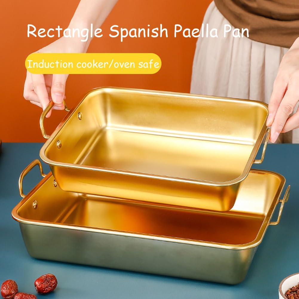Rectangle Stainless Steel Paella Pan, Deep Seafood Pan with Double Handles Nonstick Serving Skillet Pot Uncoated Roasting Pans for Home Kitchen Cookware, Dishwasher Safe,Gold,12inch