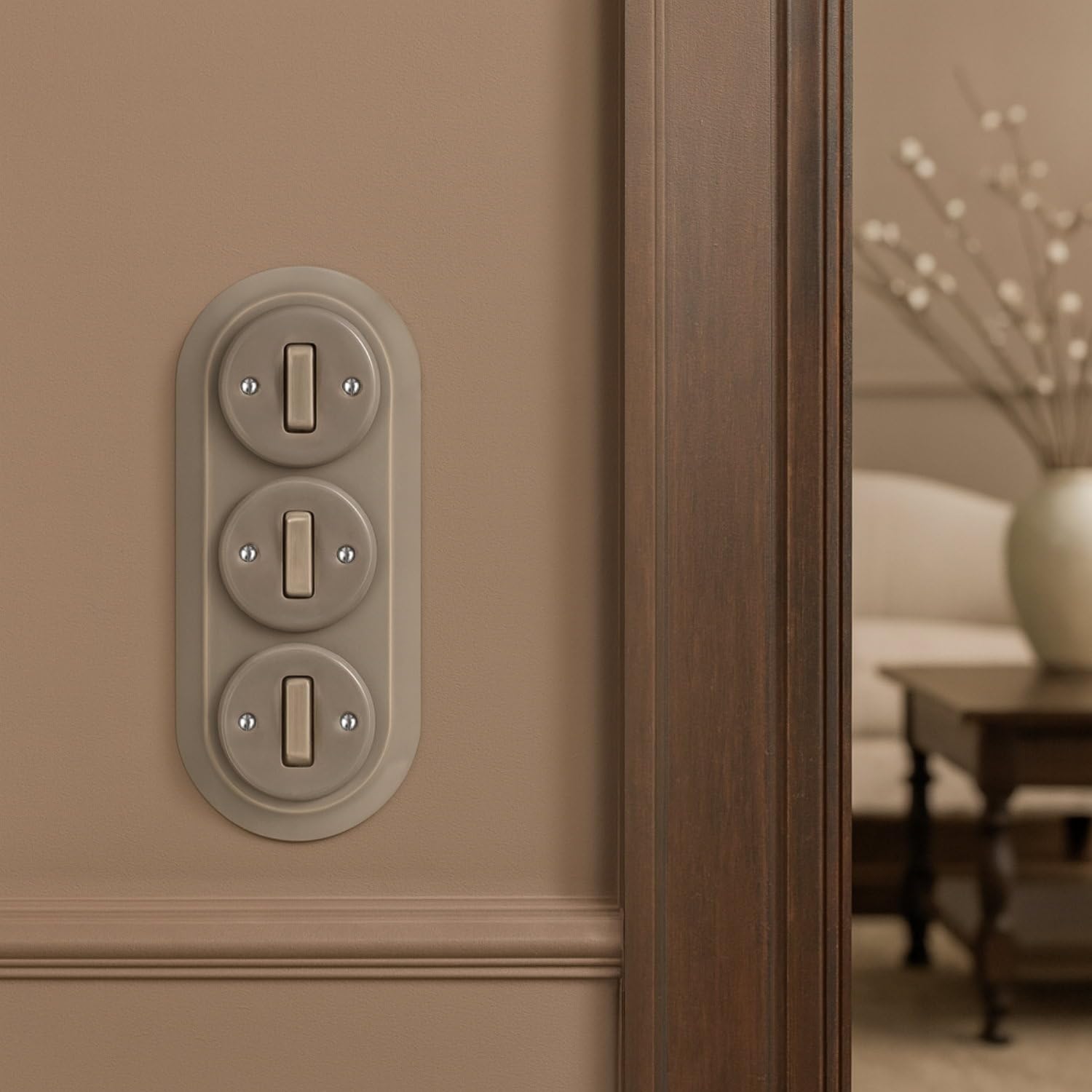 Unterputz Porzellan Retro Schalter, 3-fach, All-in-One, SET Serie PR1 graubeige