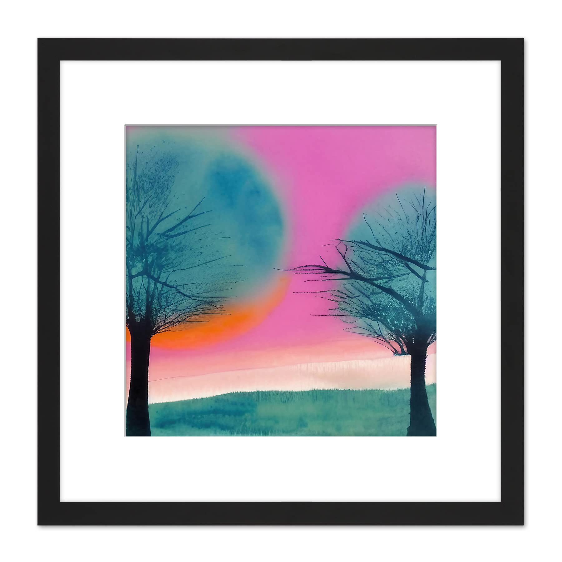 Wee Blue Coo Framed Black 9X9 Sunset Tree Silhouette Landscape Modern Abstract Pastel Pink Teal Orange Watercolour Painting Square Wooden Framed Wall Art Print Picture 9X9 Inch