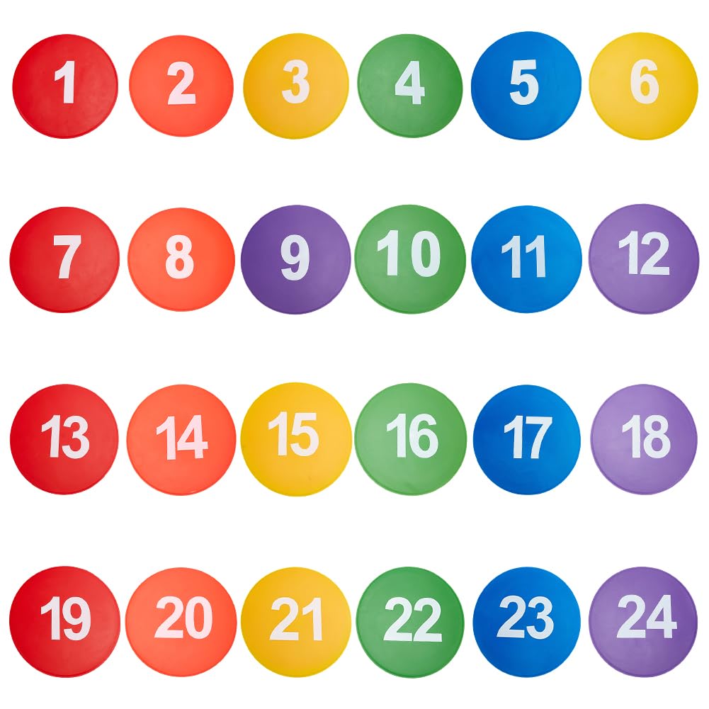 UNICRAFTALE 1 juego de marcadores de puntos deportivos TPE número 1 ~ 24 marcadores de puntos redondos antideslizantes para el suelo, puntos planos para ejercicios de movilidad, baloncesto, fútbol
