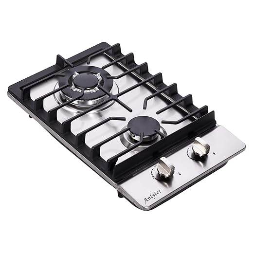 12 Inch Gas Cooktop, 2 Burners Built-in Gas Stovetop Stainless Steel Gas Stove Top Propane/Natural Gas Convertible Sealed Gas Cooktop for RVs, Apartments, Outdoor