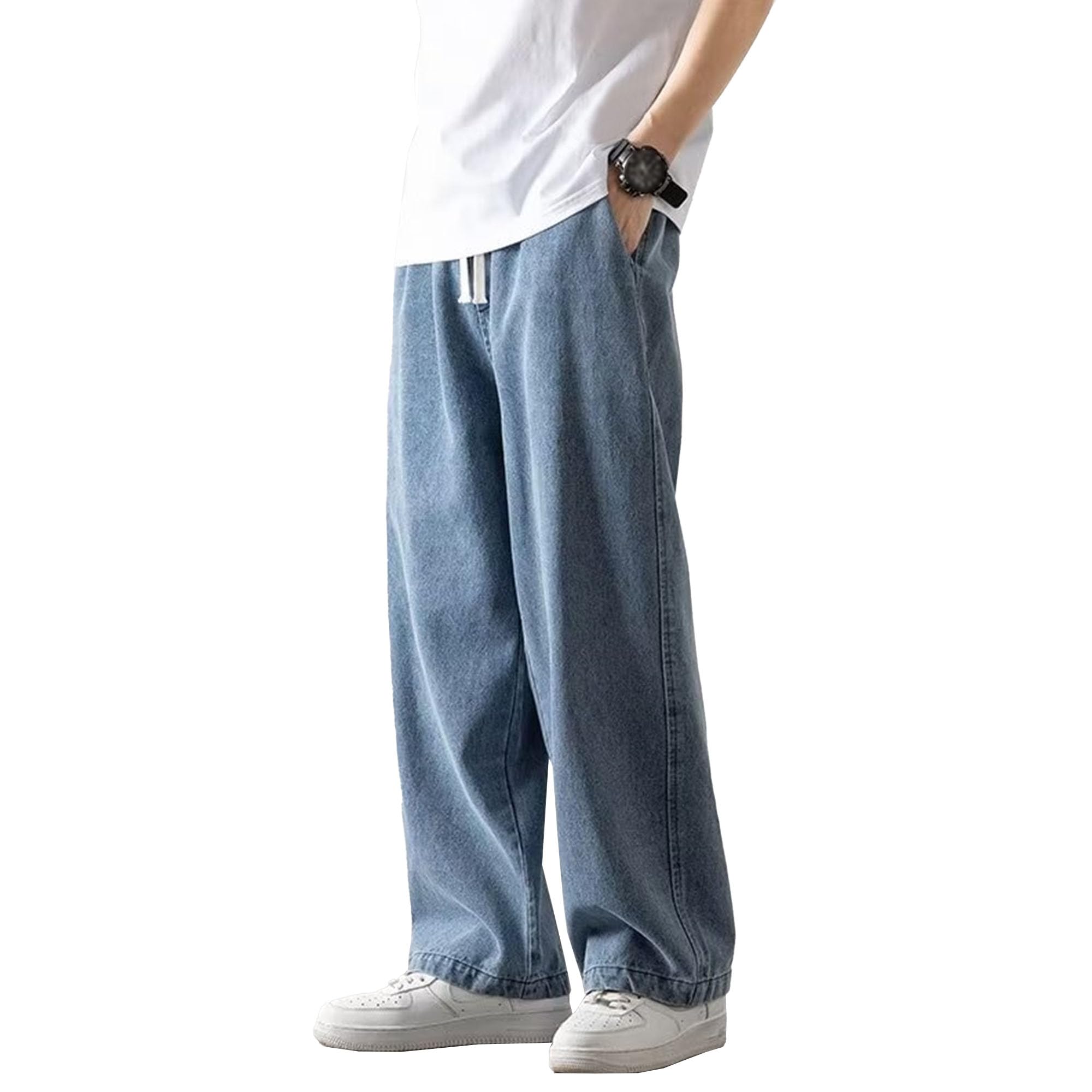 Mens Baggy Jeans Loose Fit Straight Leg Denim Pants Casual Wide Leg Streetwear Trousers with Pockets