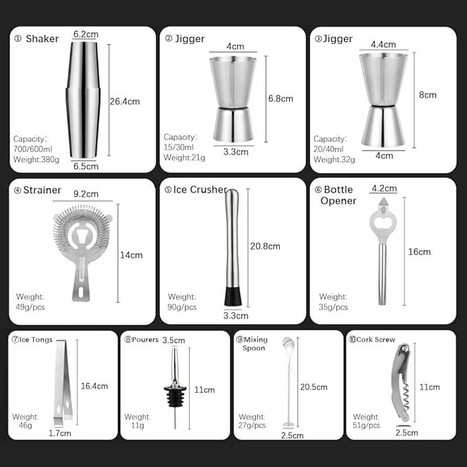 Kit de Bartender 14 Piezas Coctelera Boston Jigger Medidor Mezclador miniatura 6