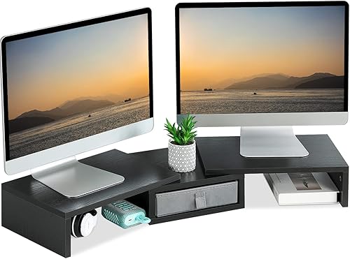 Miniatura 7 de TEAMIX Soporte elevador para monitor de 3 estantes con longitud de cajón y ángulo ajustable doble elevador de monitor con esquina de almacenamiento