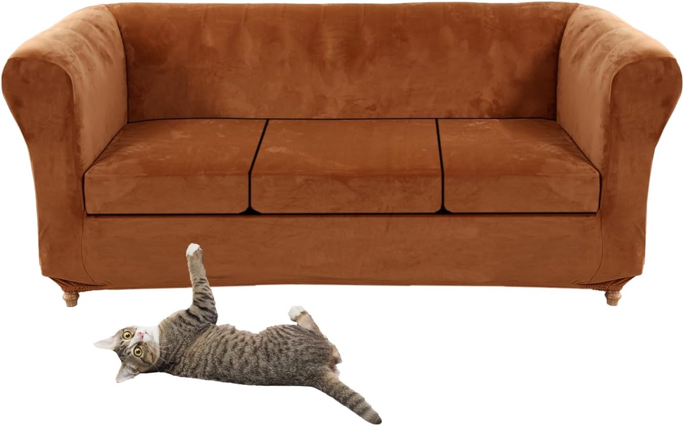 Stretch Velvet Chesterfield Sofa Cover Couch Cover with Seat Cushion Cover for Curved Settee Armchair Vintage Style Red Coffee Sofa + 3 Large Seats