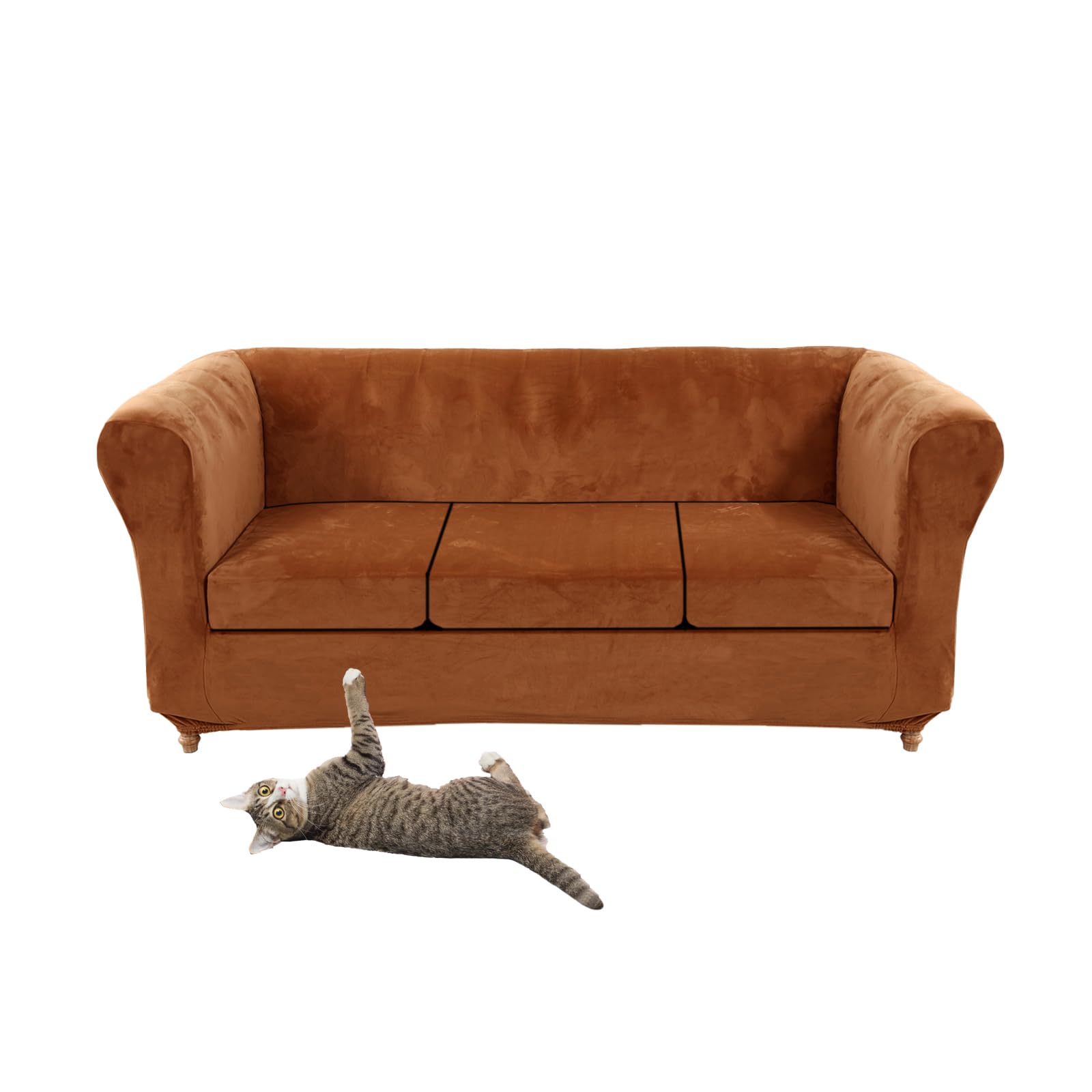 Stretch Velvet Chesterfield Sofa Cover Couch Cover with Seat Cushions Curved Chaise Armchair Vintage Style (Red Coffee Sofa + 3 Small Seats)