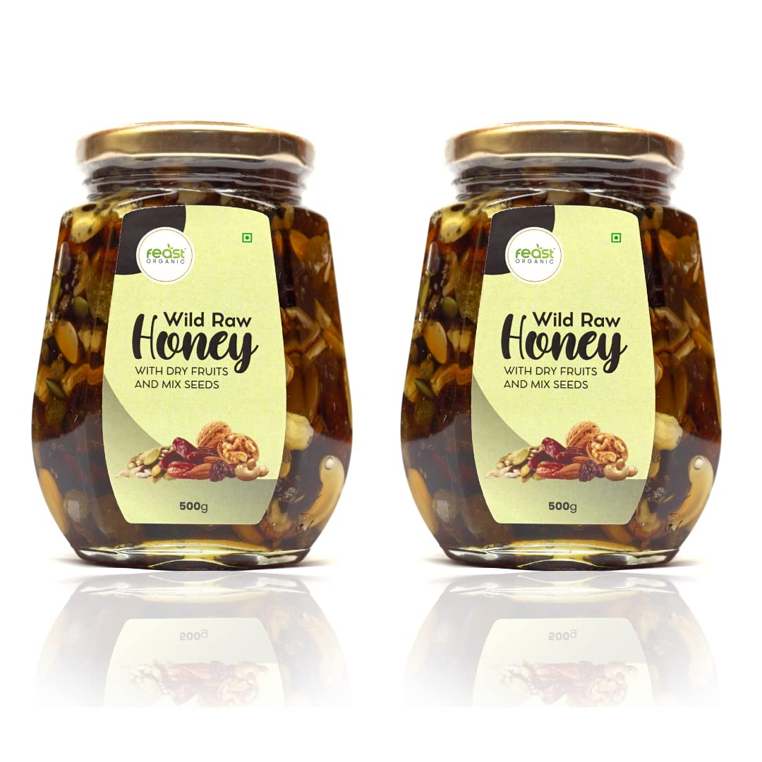 Feast Organic Wild Honey with mix Dry Fruits & Seeds | No Added Sugar | Pure and Natural Dry Fruits & Seeds mixed with Organic Honey raw | Glass Jar 500gm Each (500g X 2) 1 kg Combo Pack (B0C2LHR4BV) Amazon Price History, Amazon Price Tracker