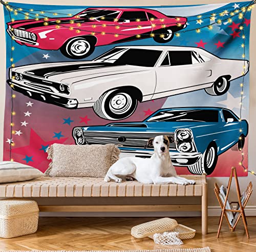Ambesonne Cars Tapestry, Pop Art Group Of Nostalgic American Muscle Vehicle Stars Antique Print, Wide Wall Hanging For Bedroom Living Room Dorm, 60" X 40", Beige Blue #TOP7
