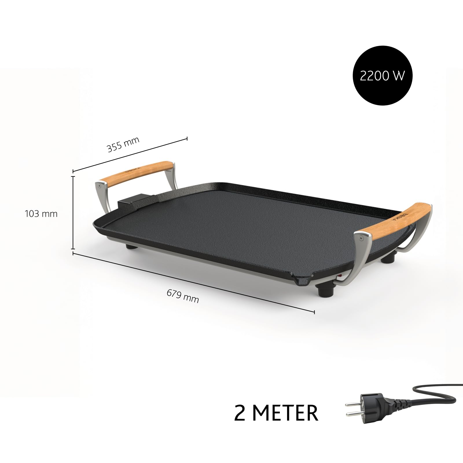 Boska Elektrische Grillplatte Pro – Tischgrills - Teppanyaki-Platte 35x56 cm – PFAS-freie Keramikbeschichtung – Temperaturregelung – Fettablauf – Griffe aus Eichenholz – Schwarz