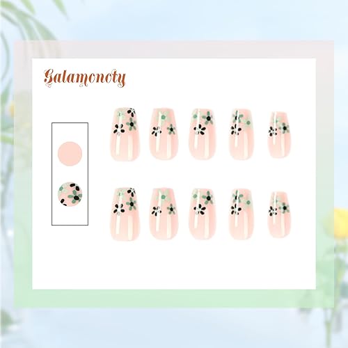 Miniatura 3 de JP2019 - 24 uñas postizas cuadradas de punta francesa de ataúd mediano, diseño de flores rosas y verdes, uñas adhesivas gruesas de cobertura