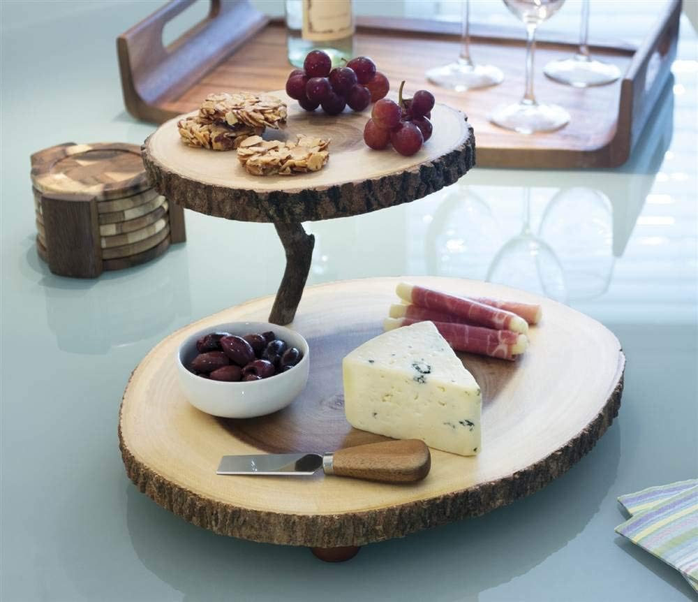 New Deal Lipper International Acacia End Grain Wood Round Coasters and Caddy, 7-Piece Set