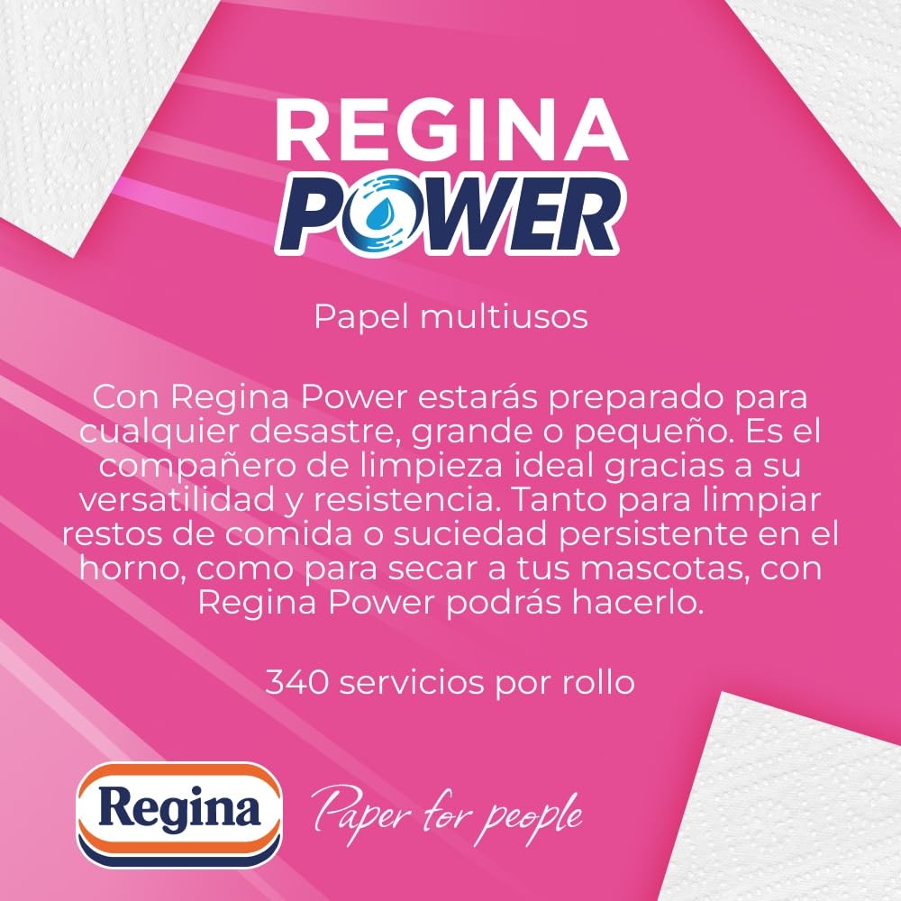 Regina Power Papel de Cocina - 1 Rollo Aún Más Largo, 340 Hojas de 2 Capas, Adecuado para Limpiar Superficies Domésticas, Embalaje Reciclable, Papel 100% Certificado FSC