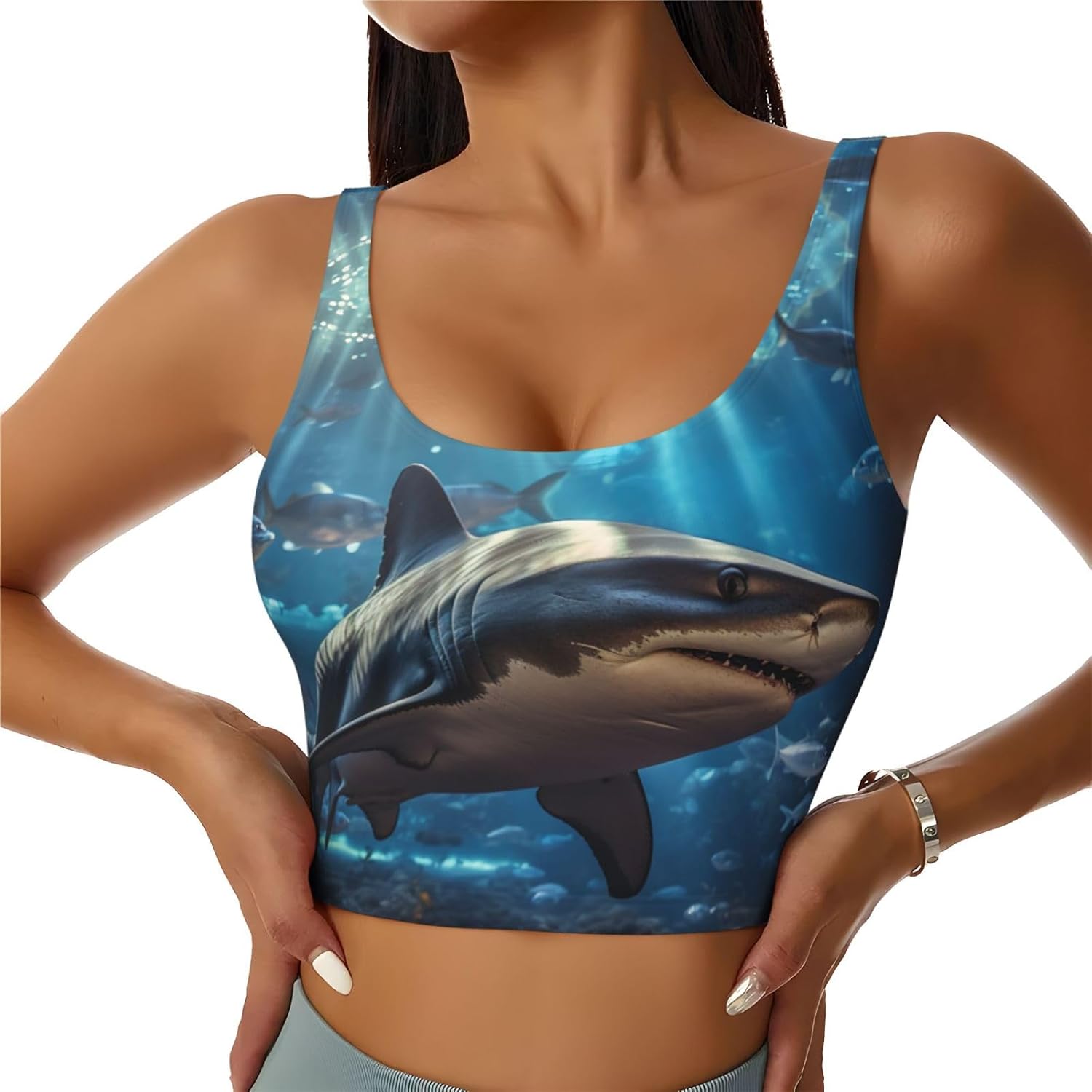 Shark Print Sports Bras for Women Funny Yoga Crop Tank Tops for Exercise Running Cycling Gym