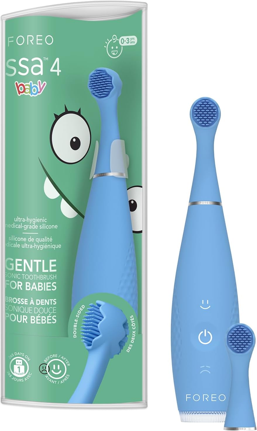 FOREO ISSA 4 Baby – Silicone Sonic Electric Toothbrush Bundle for Babies, 2-Sided Bristles, Fun Smile Feature, Gum Massage, 12 Months of Care with Extra Brush Head, Travel-Friendly - Bubble Blue